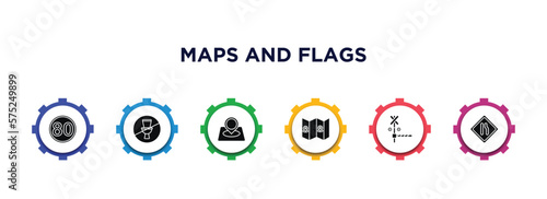 maps and flags filled icons with infographic template. glyph icons such as 80 speed limit, no toileting, location marker, maps and flags, rail crossing, narrow right lane vector.