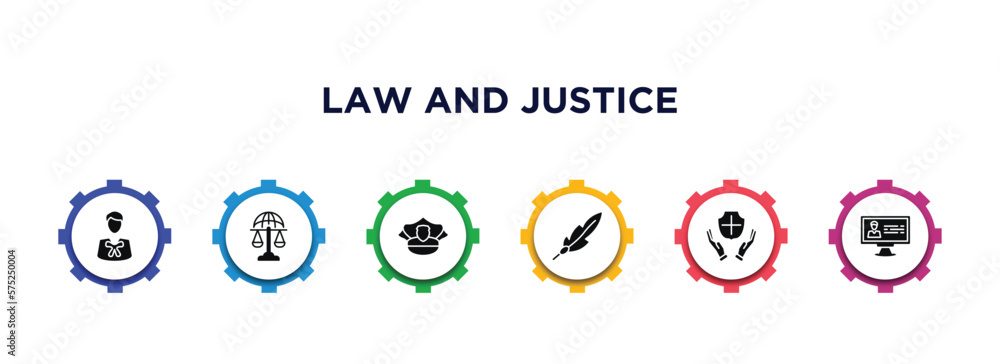 law and justice filled icons with infographic template. glyph icons such as advocate, international law, police hat, feather pen, qualified protection, criminal database vector. law and justice filled icons with infographic template. glyph icons such as advocate, international law, police hat, feather pen, qualified protection, criminal database vector.