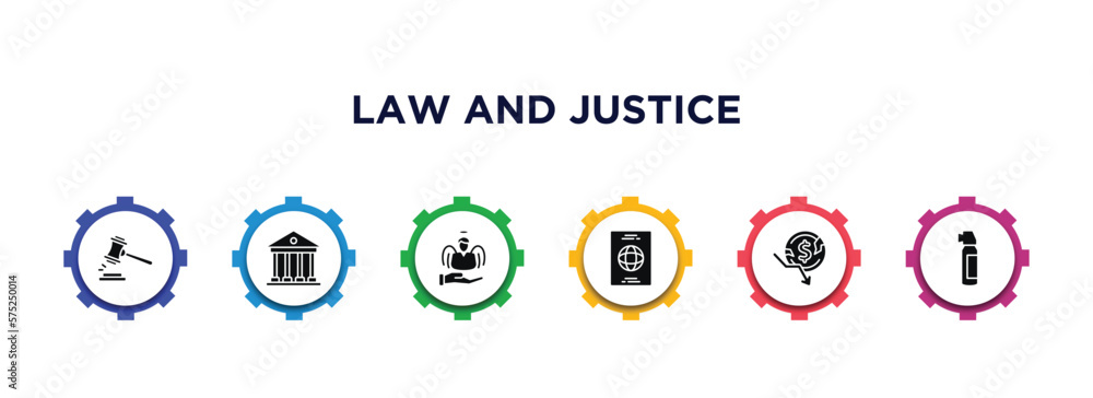 law and justice filled icons with infographic template. glyph icons such as veredict, court, innocent, immigration, bankruptcy, pepper spray vector. law and justice filled icons with infographic template. glyph icons such as veredict, court, innocent, immigration, bankruptcy, pepper spray vector.
