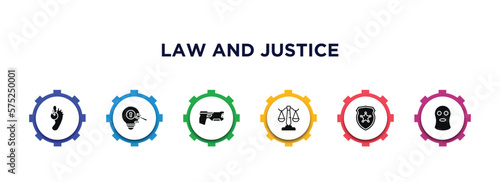 law and justice filled icons with infographic template. glyph icons such as corpse, intellectual property, electroshock weapon, business law, police badge, balaclava vector.