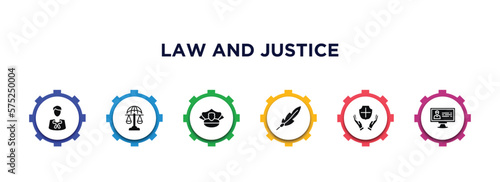 law and justice filled icons with infographic template. glyph icons such as advocate, international law, police hat, feather pen, qualified protection, criminal database vector.