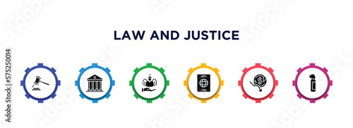 law and justice filled icons with infographic template. glyph icons such as veredict, court, innocent, immigration, bankruptcy, pepper spray vector.