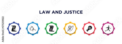 law and justice filled icons with infographic template. glyph icons such as law paper, inheritance law, legal paper, environmental violence, escape vector.
