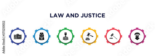 law and justice filled icons with infographic template. glyph icons such as employment, attorney, prisoner, tax law, gavel, vector.
