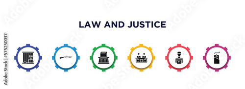 law and justice filled icons with infographic template. glyph icons such as prisioner, shotgun, stenographer, jury, convict, bargain vector.