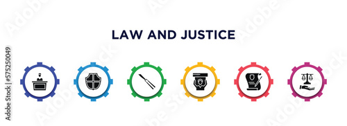 law and justice filled icons with infographic template. glyph icons such as court trial, defense, butterfly knife, civil rights, wills and trusts, justice scales in hand vector.