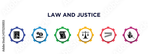 law and justice filled icons with infographic template. glyph icons such as constitutional law, bribery, scroll with law, justice scale, police line, evidence vector. photo