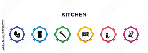 kitchen filled icons with infographic template. glyph icons such as eggs, ketchup, bottle opener, microwave oven, olive oil, mitten vector.