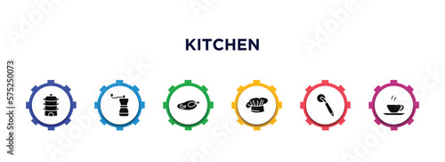 kitchen filled icons with infographic template. glyph icons such as steamer, coffee grinder, broiler, chef hat, pizza cutter, tea cup vector.