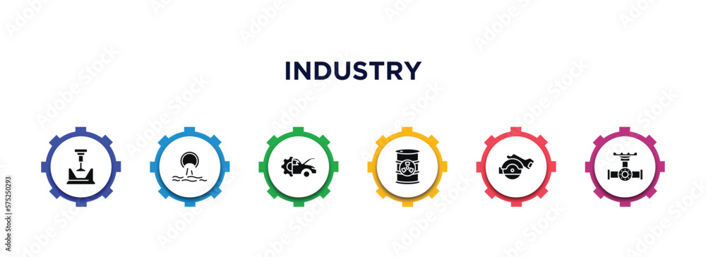 industry filled icons with infographic template. glyph icons such as crusher, sewage, car mechanic, nuclear residue, electric saw, pipes vector. industry filled icons with infographic template. glyph icons such as crusher, sewage, car mechanic, nuclear residue, electric saw, pipes vector.