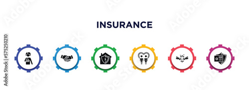 insurance filled icons with infographic template. glyph icons such as broken arm, shake hands, replacement value, family care, frontal crash, bank safe vector.
