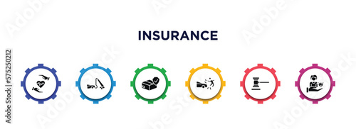 insurance filled icons with infographic template. glyph icons such as life insurance, towed car, cargo insurance, accident, legal expenses, familiar vector.
