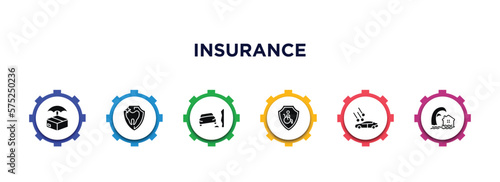 insurance filled icons with infographic template. glyph icons such as delivery insurance, dental insurance, stone on the road, disabled, hail on the car, tsunami vector.