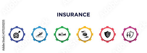 insurance filled icons with infographic template. glyph icons such as puncture in a wheel, overturned car, rear end collision, moving insurance, health insurance, family vector.