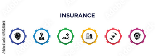 insurance filled icons with infographic template. glyph icons such as long term protection, wounded, parking crash, inundation, child, deposit insurance vector.