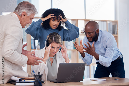 Papier peint Stress, frustration and people at a call center with a problem in telemarketing, bad email and communication