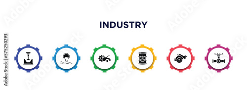 industry filled icons with infographic template. glyph icons such as crusher, sewage, car mechanic, nuclear residue, electric saw, pipes vector.