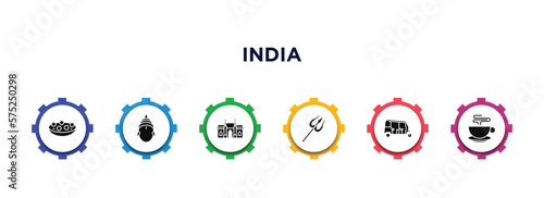 india filled icons with infographic template. glyph icons such as kanji vadas, sarai, gate of india, shaivism, tuk tuk, indian tea vector.