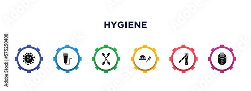 hygiene filled icons with infographic template. glyph icons such as pathogen, electric razor, cotton swabs, shower cap, nail clippers, epliator vector.