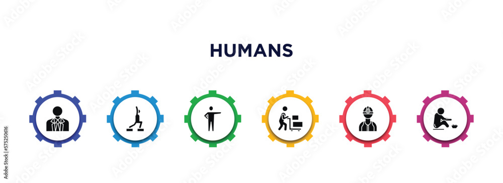 humans filled icons with infographic template. glyph icons such as businessman with tie, fitness exercises, man pointing, hotel supplier, construction worker, begging vector. humans filled icons with infographic template. glyph icons such as businessman with tie, fitness exercises, man pointing, hotel supplier, construction worker, begging vector.