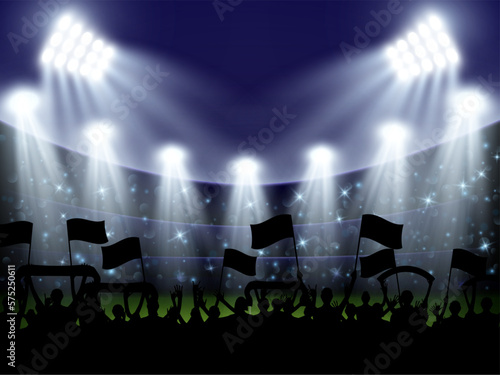 Football stadium. Soccer match. Fan team. Silhouette audience crowd with flags. Championship game. Night sport arena. Players on play ground. Spotlight rays. Vector design background
