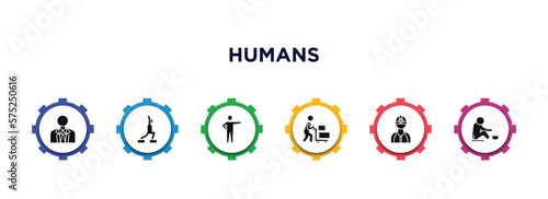 humans filled icons with infographic template. glyph icons such as businessman with tie, fitness exercises, man pointing, hotel supplier, construction worker, begging vector.
