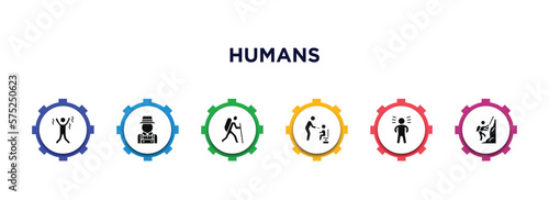 humans filled icons with infographic template. glyph icons such as happy man, gardener with hat, man in hike, feeding, proud pose, mountain climb vector.