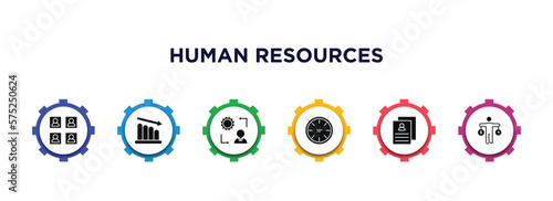 human resources filled icons with infographic template. glyph icons such as candidates, attrition, change management, 12 hours, cv, time balance vector.