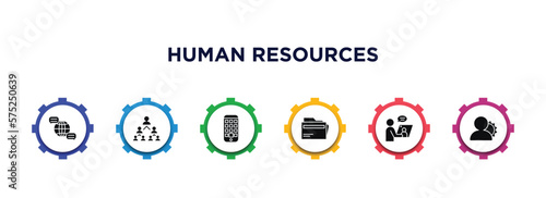 human resources filled icons with infographic template. glyph icons such as language, company structure, application, files, video conference, administrator vector.