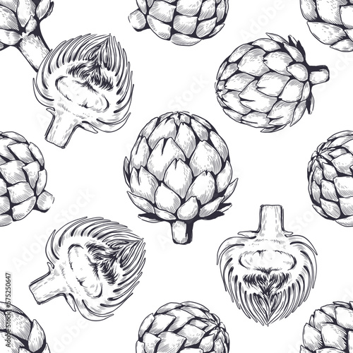 French artichokes, etching engraved pattern. Organic cooking sketch, healthy hand drawn vegetables, for medicine and cooking products or wallpaper and wrapping. Vector seamless backdrop