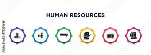 human resources filled icons with infographic template. glyph icons such as company, pension, searching, contract, chess clock, hiring vector.