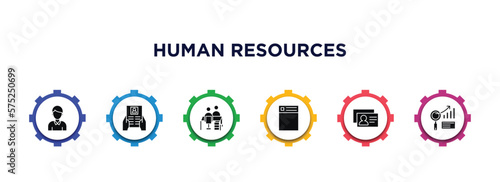 human resources filled icons with infographic template. glyph icons such as man, job application, interview, resume, personal profile, analysis vector.