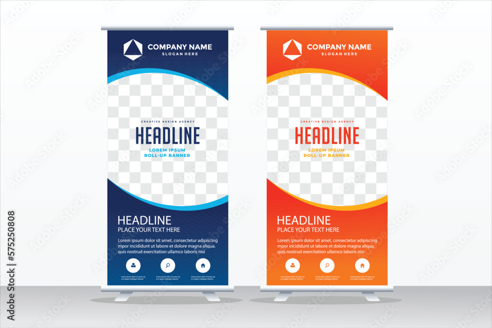 Banner roll-up design, business concept. Graphic template roll-up for exhibitions, banner for seminar, layout for placement of photos. Universal stand for conference, promo banner vector background