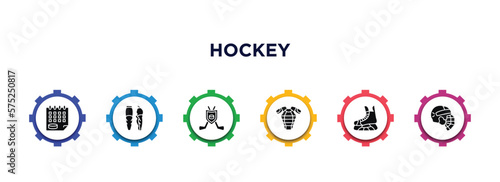 hockey filled icons with infographic template. glyph icons such as schedule, shin, emblem, armour, ice skate, hockey helmet vector.