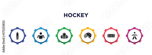 hockey filled icons with infographic template. glyph icons such as drink, bowman, bag, hockey mask, ice court, hockey player vector.