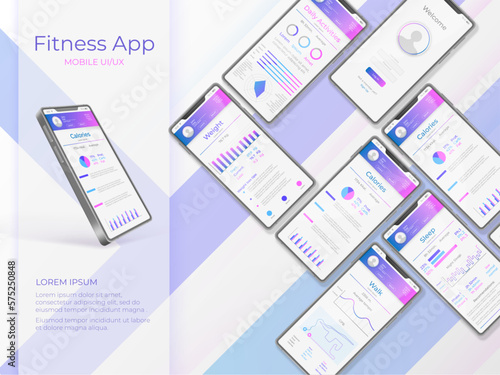 3D fitness app. Android application design mockup. Web trends. Mobile UX. Smartphone running infographic. Weight and calorie measurement. Menu interface. Vector creative illustration