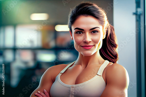 Free Download Young hispanic woman at the office showing arms muscles smiling proud. Fitness concept. Generative AI. 2 - GFXLoad
