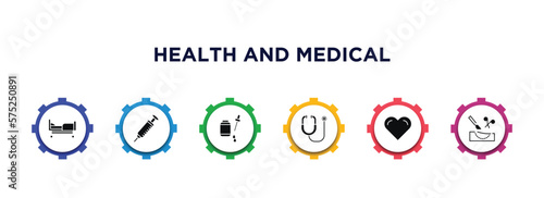 health and medical filled icons with infographic template. glyph icons such as hospital bed, syringe, serum, stethoscope, heart, surgery vector.