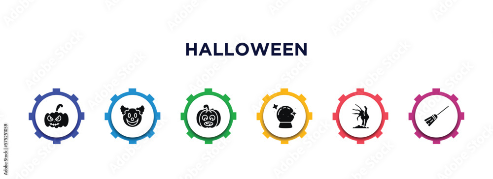 halloween filled icons with infographic template. glyph icons such as american, clown smile, pumpkins lantern, future, zombie hand, magic broom vector. halloween filled icons with infographic template. glyph icons such as american, clown smile, pumpkins lantern, future, zombie hand, magic broom vector.