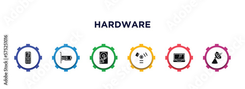 hardware filled icons with infographic template. glyph icons such as keypad phone, network interface card, harddrive, firewire, laptop screen, parabolic vector.