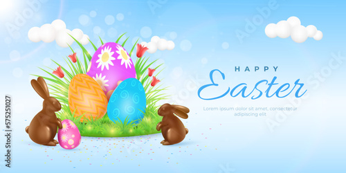 3d easter egg, chocolate bunny. Happy sweet sugar rabbit, holiday flowers and candy, cute dessert decoration. Blue sky background with clouds. Sale banner. Vector realistic illustration