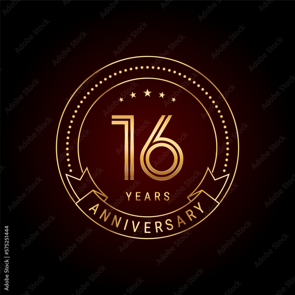 Fototapeta premium 16th year anniversary celebration. Anniversary logo design with golden number and text. Logo Vector Template