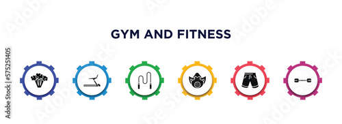 gym and fitness filled icons with infographic template. glyph icons such as broccoli porcion, training apparatus, skip rope, elevation mask, fitness shorts, little dumbbell vector.