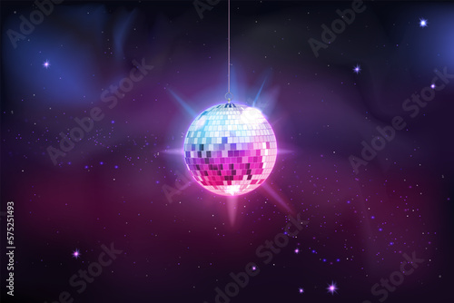 Neon dance star, disco ball. Light night space, glow planet, fantasy music galaxy. Hanging discoball glowing. 3d isolated elements. DJ discotheque background. Vector illustration concept