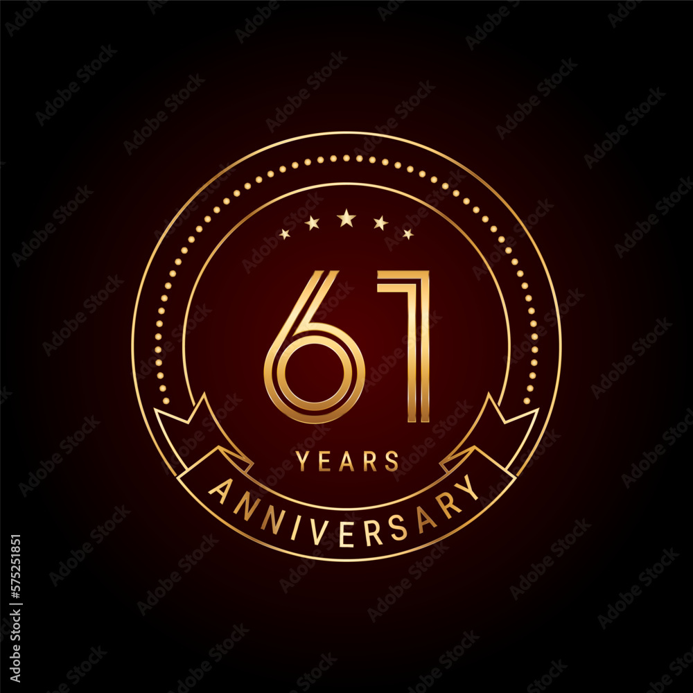 61th year anniversary celebration. Anniversary logo design with golden number and text. Logo Vector Template