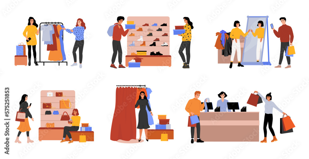 Fashion shop. Retail sale. People choose or try clothing in boutique. Customers in market. Happy commerce sellers. Persons buy trendy clothes. Mall buyers set. Vector flat illustration Fashion shop. Retail sale. People choose or try clothing in boutique. Customers in market. Happy commerce sellers. Persons buy trendy clothes. Mall buyers set. Vector flat illustration