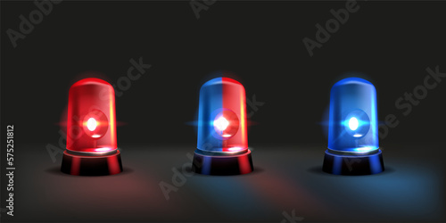 3D police lights. Attention siren. Beacon for alert or accident. Red and blue ambulance lamps. Car traffic. Urgency rescue flash. Automobile lanterns set. Vector isolated illustration