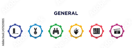general filled icons with infographic template. glyph icons such as fretsaw, number one medal, pair of binoculars, heart in flames, hob, fragments vector.