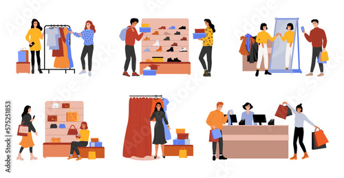 Fashion shop. Retail sale. People choose or try clothing in boutique. Customers in market. Happy commerce sellers. Persons buy trendy clothes. Mall buyers set. Vector flat illustration