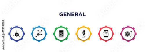 general filled icons with infographic template. glyph icons such as 3d modeling, advertising networks, digital product, electric plug, info chart, inflate tire vector.
